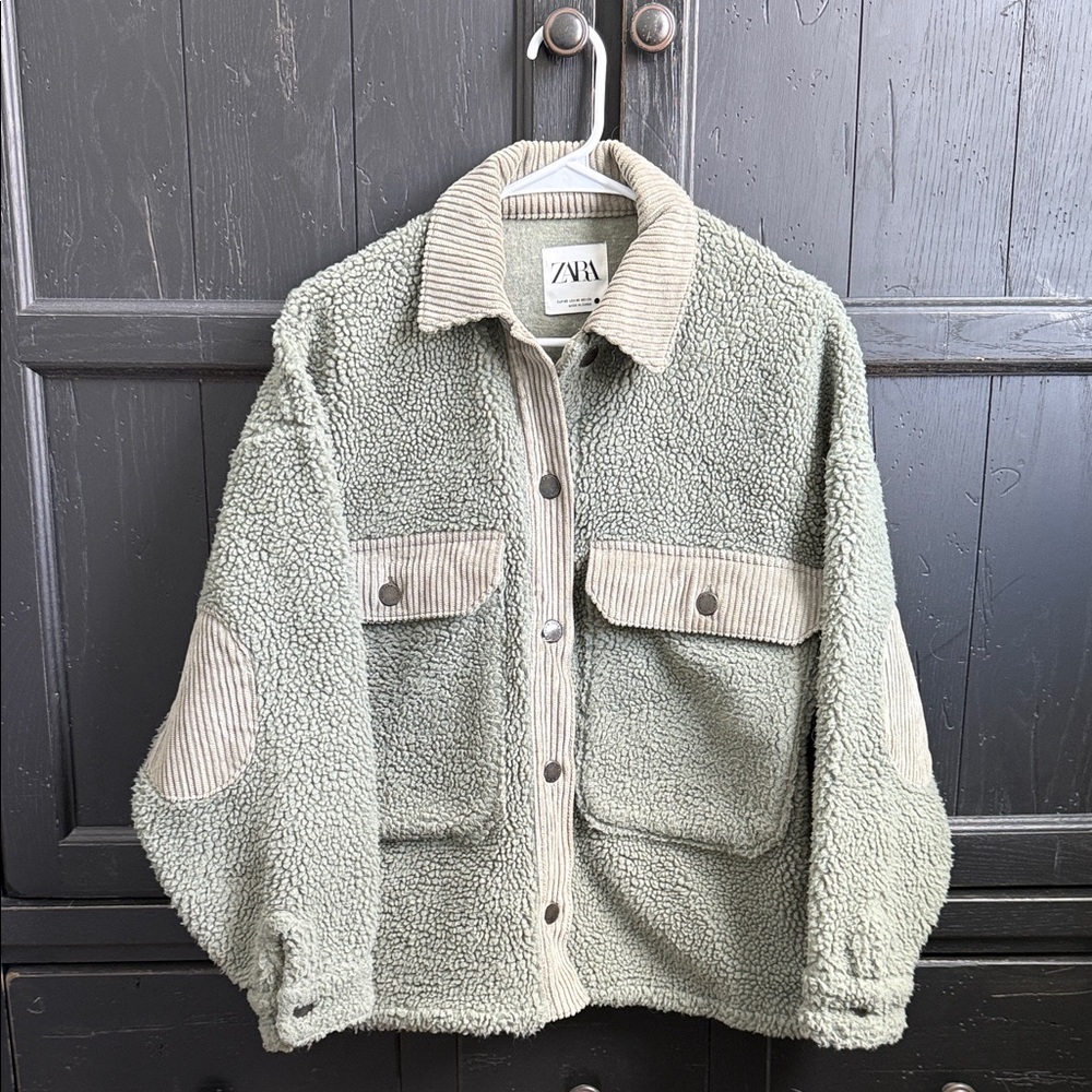 Zara Green Sherpa Jacket with Corduroy accents